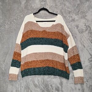 Andree By Unit 1X Chenille Striped V Neck Sweater Pullover Brown‎ Green Cream